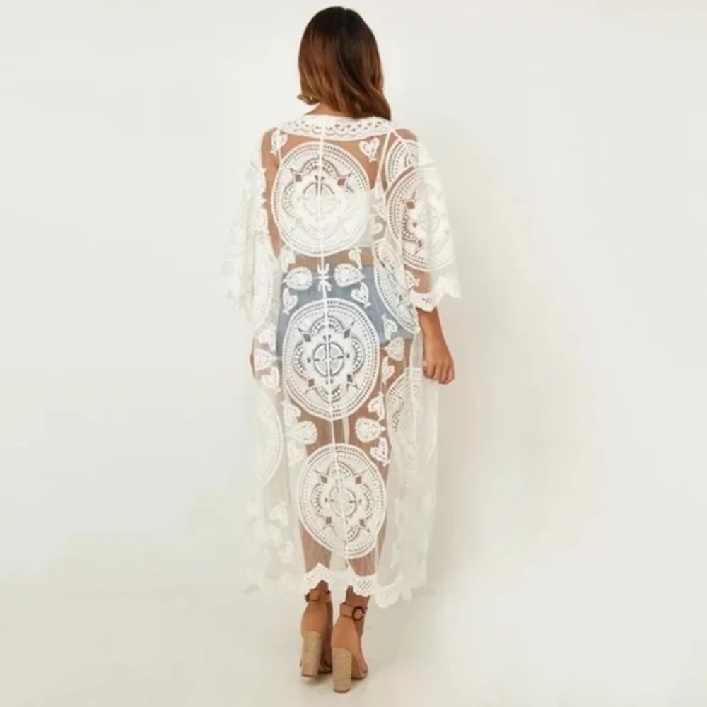 SOLD OUT Scalloped Sheer Mesh Lace Boho Kimono Coverup Wrap - Picture 4 of 7